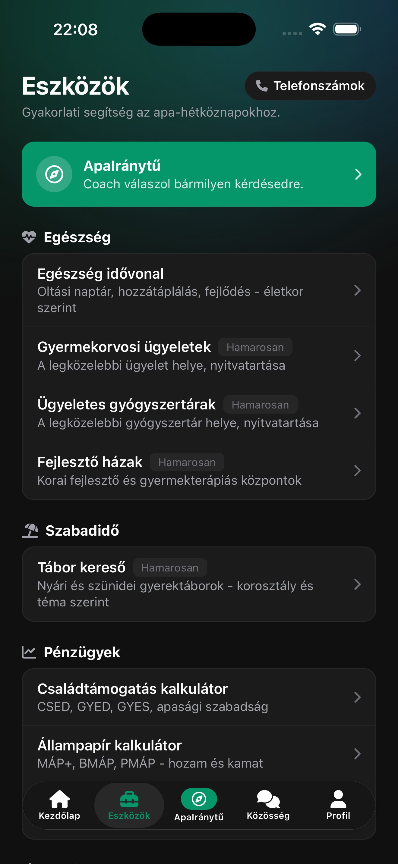 Az Eszközök képernyője az appban