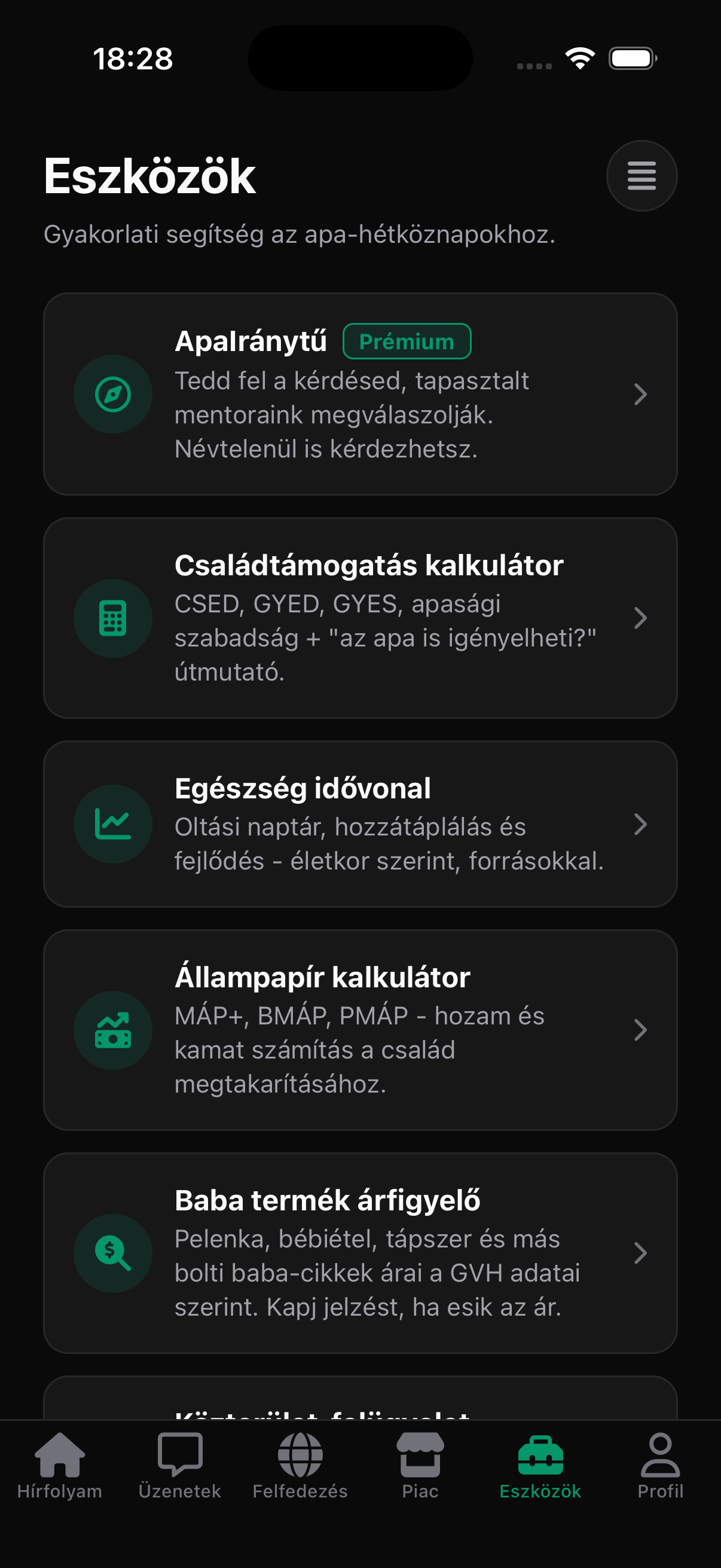 Az Eszközök képernyője az appban