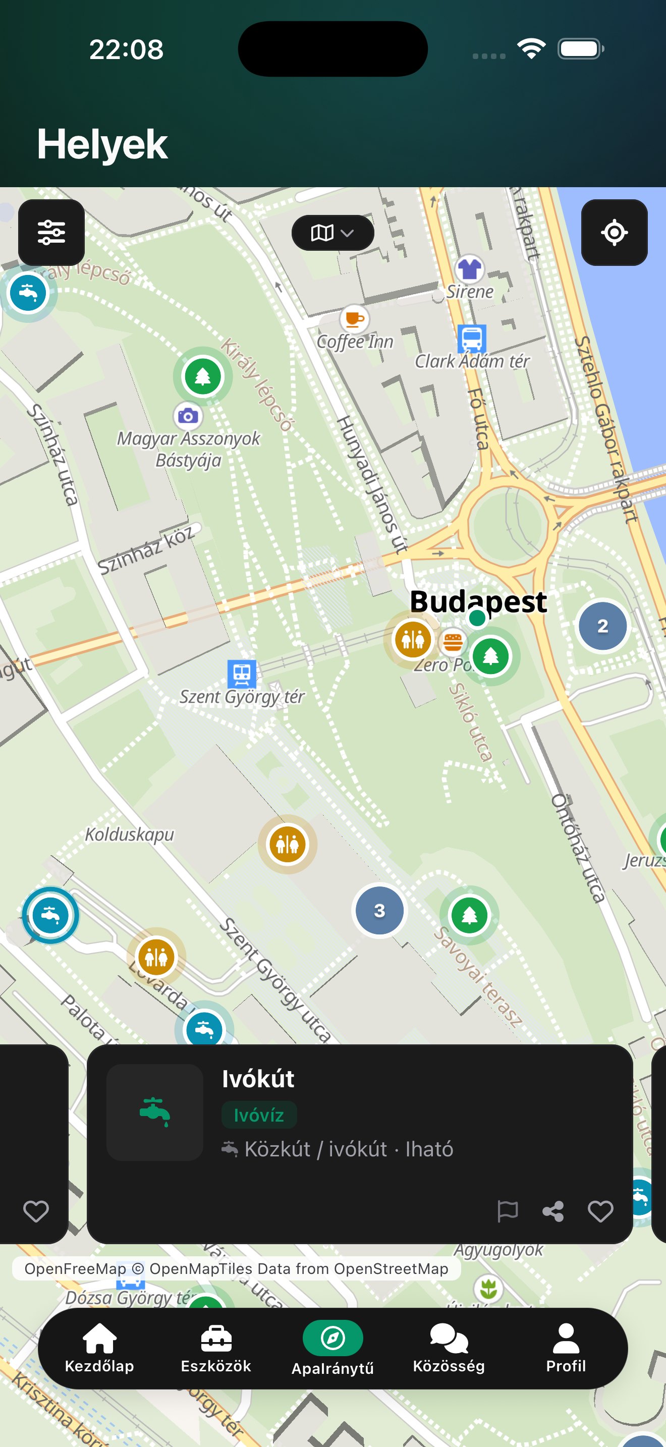 A Felfedezés térkép képernyője az appban