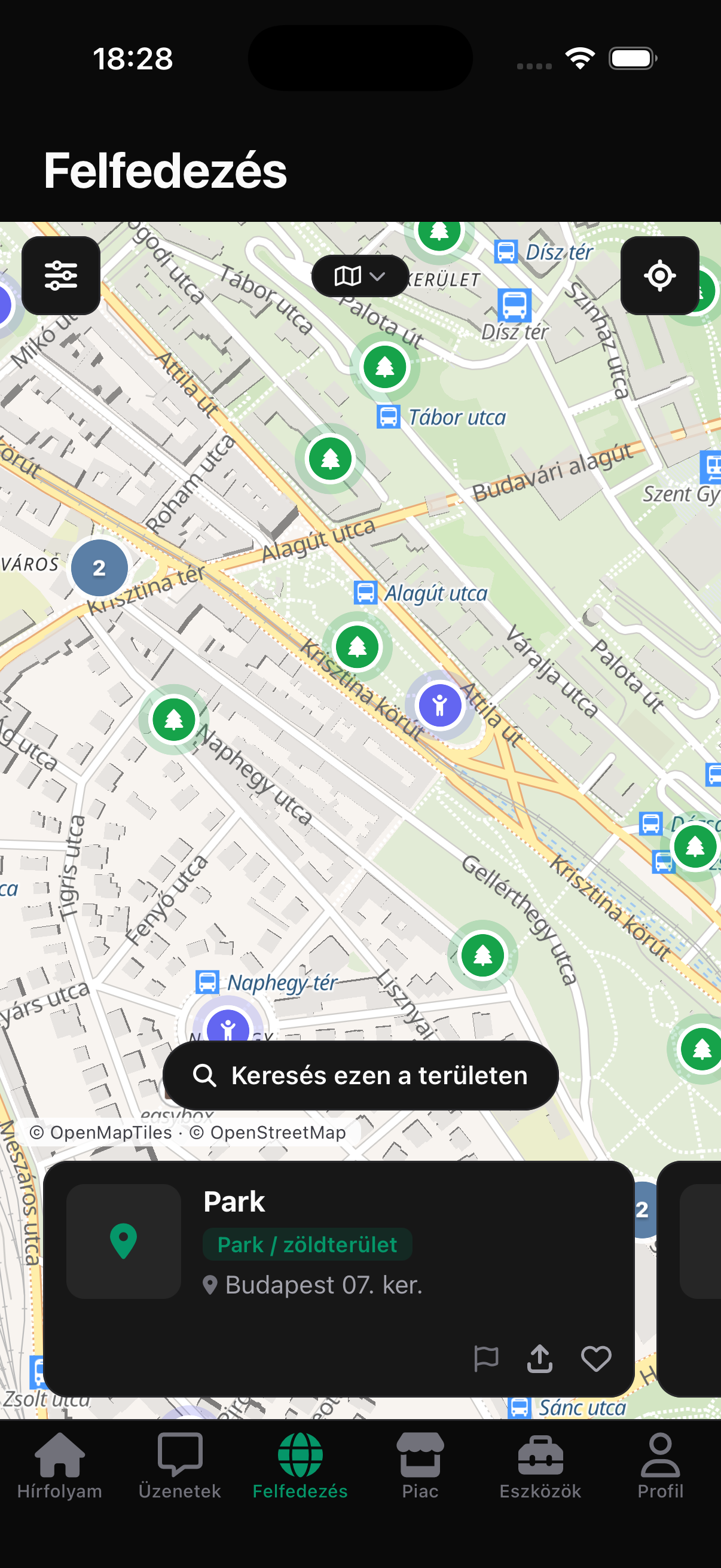 A Felfedezés térkép képernyője az appban