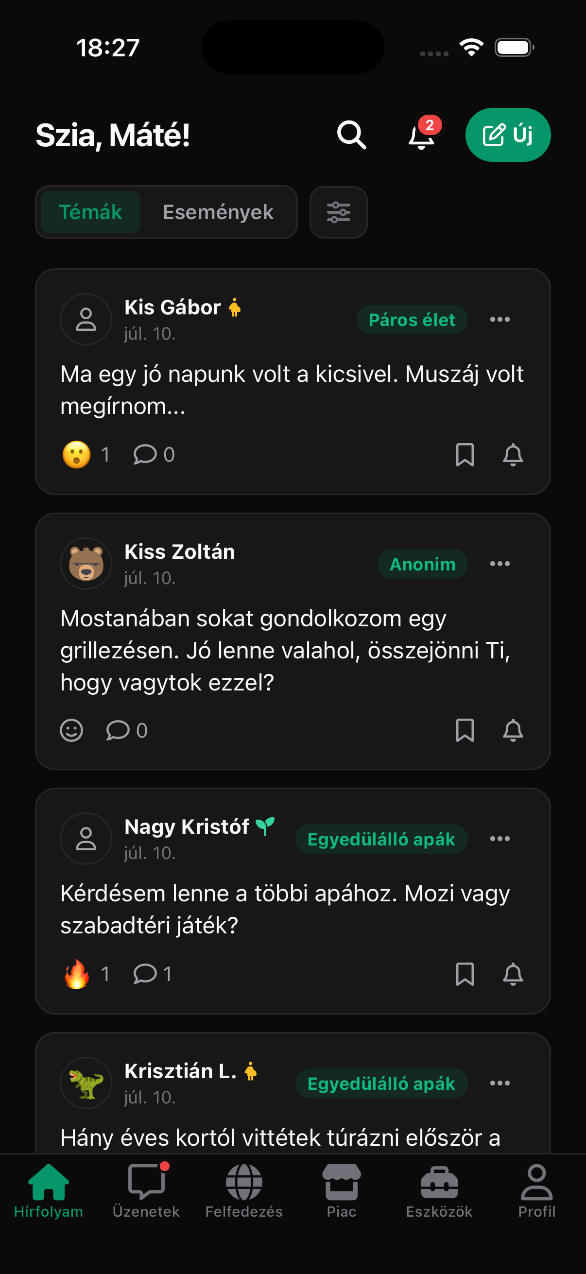 A Hírfolyam képernyője az appban