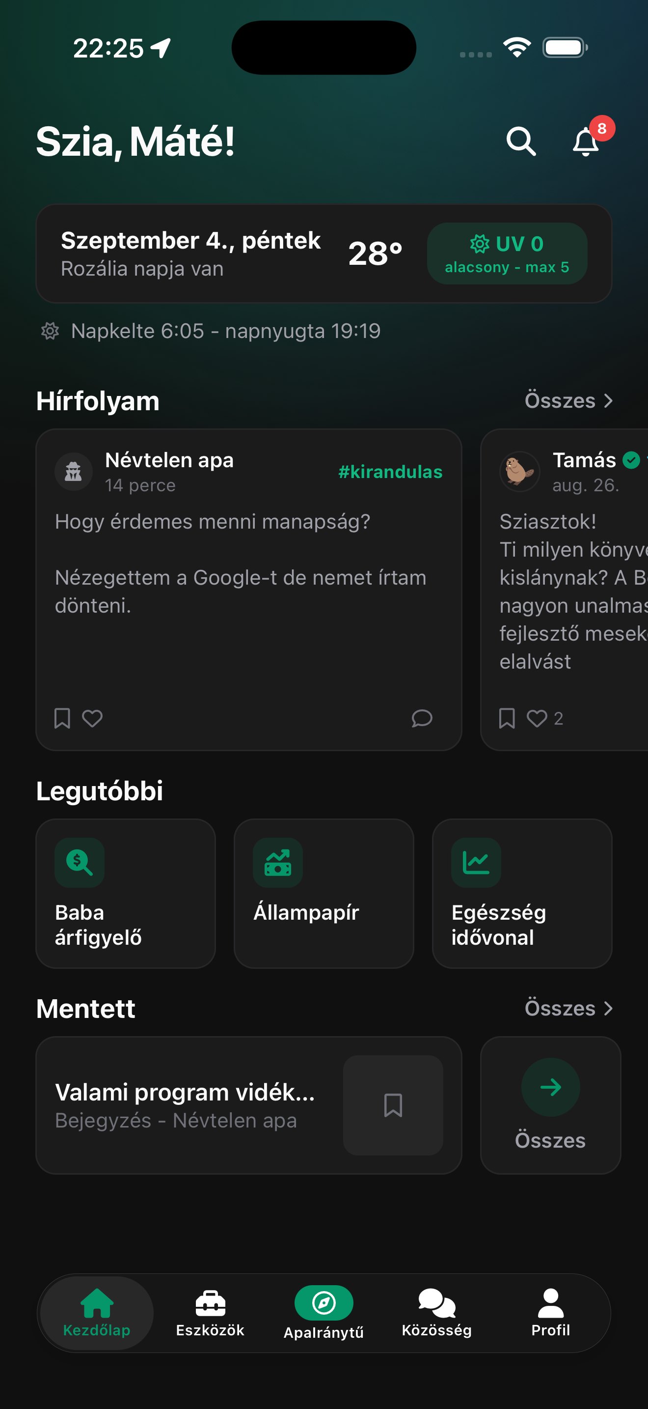 A Kezdőlap képernyője az appban